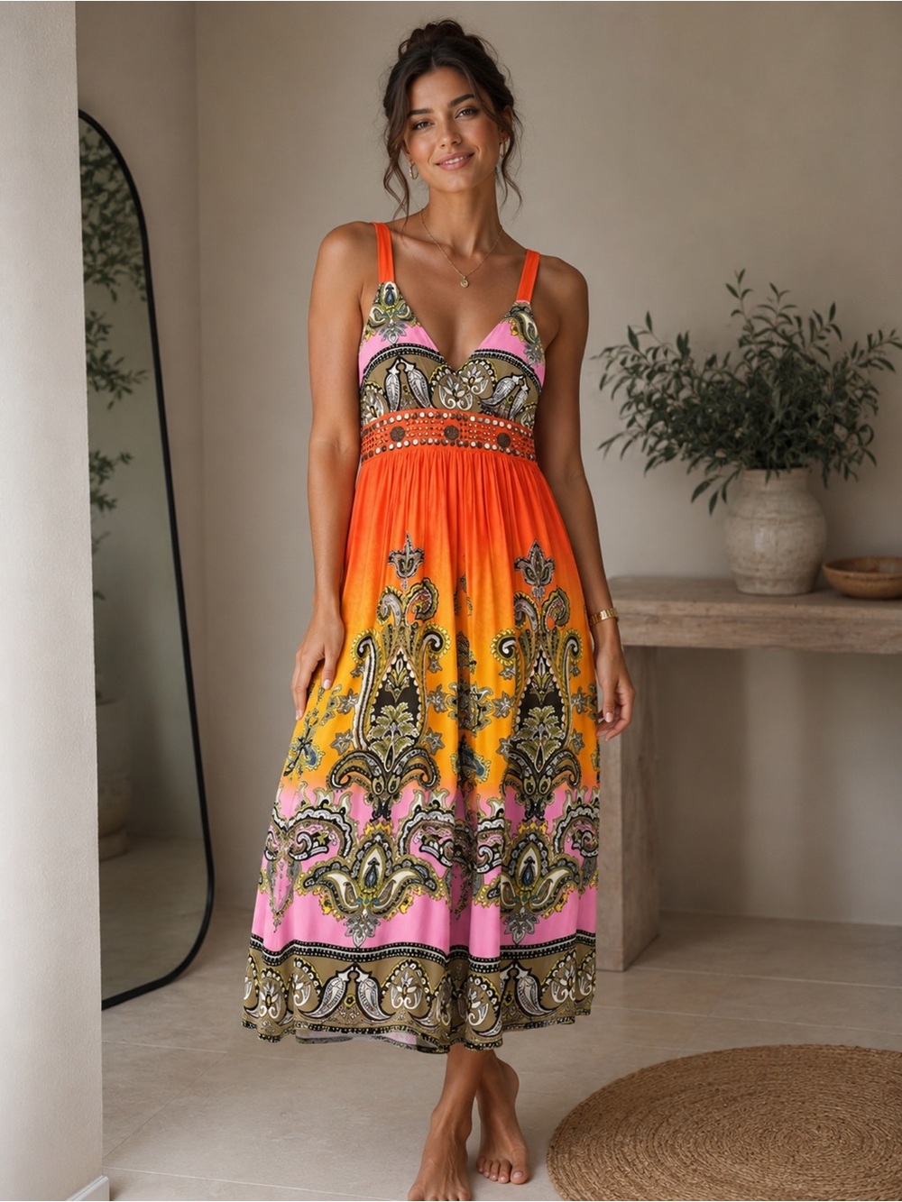 Magic Orange Pink Paisley Midi Dress